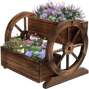 Wooden Wagon Planter Box, Garden Planter with Wheels, Decorative Planter